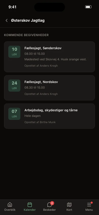 Kalenderen i SheerHunt med kommende fællesjagter
